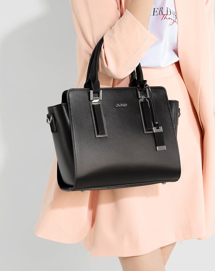 Túi xách trung tote charm trang trí phối 2 màu