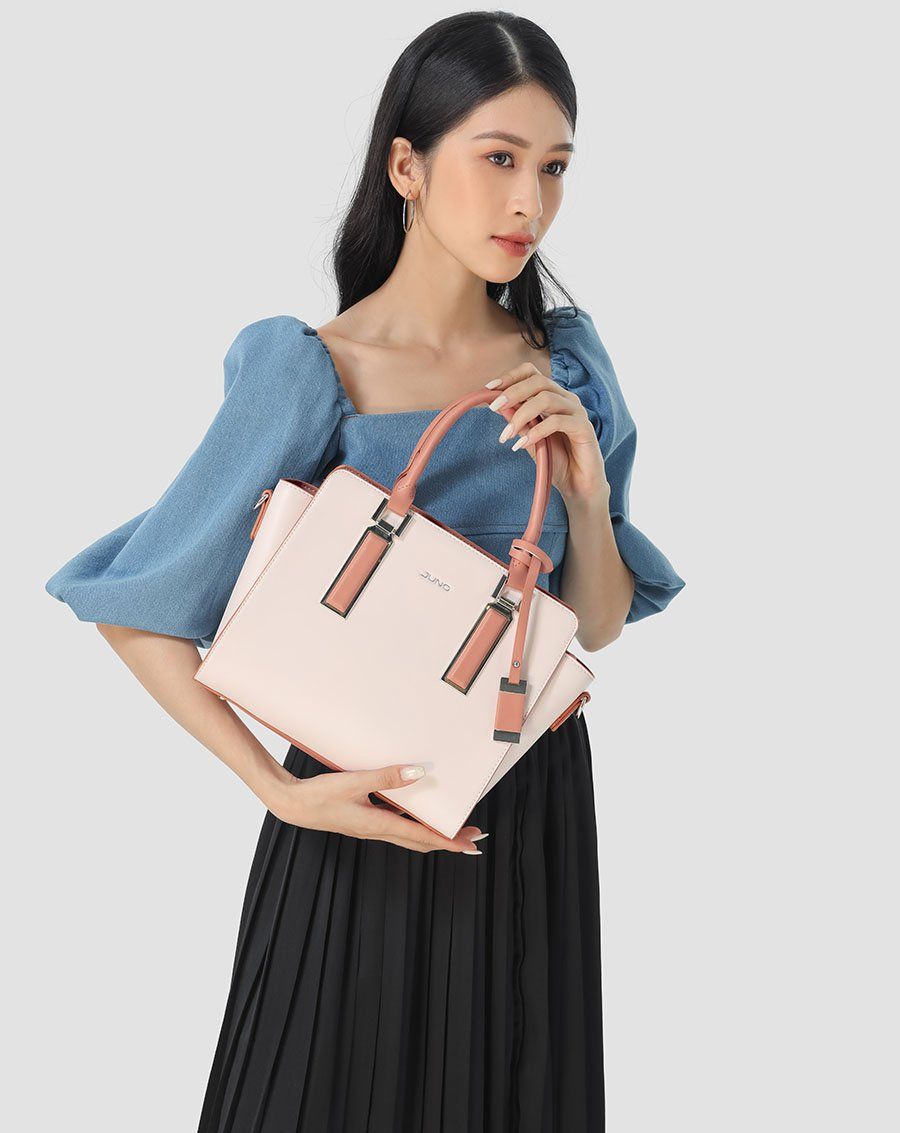 Túi xách trung tote charm trang trí phối 2 màu