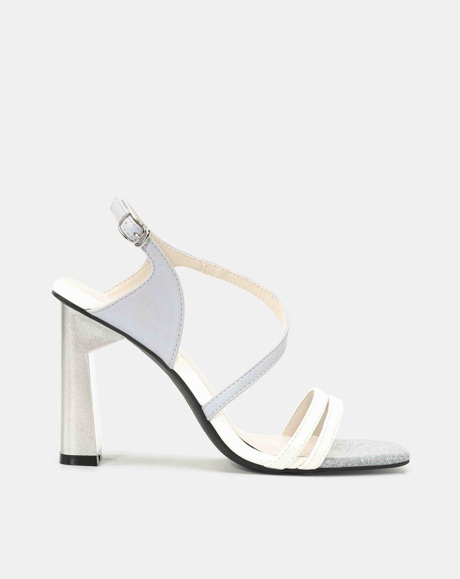 Giày sandal gót trụ phối trung tì kim tuyến