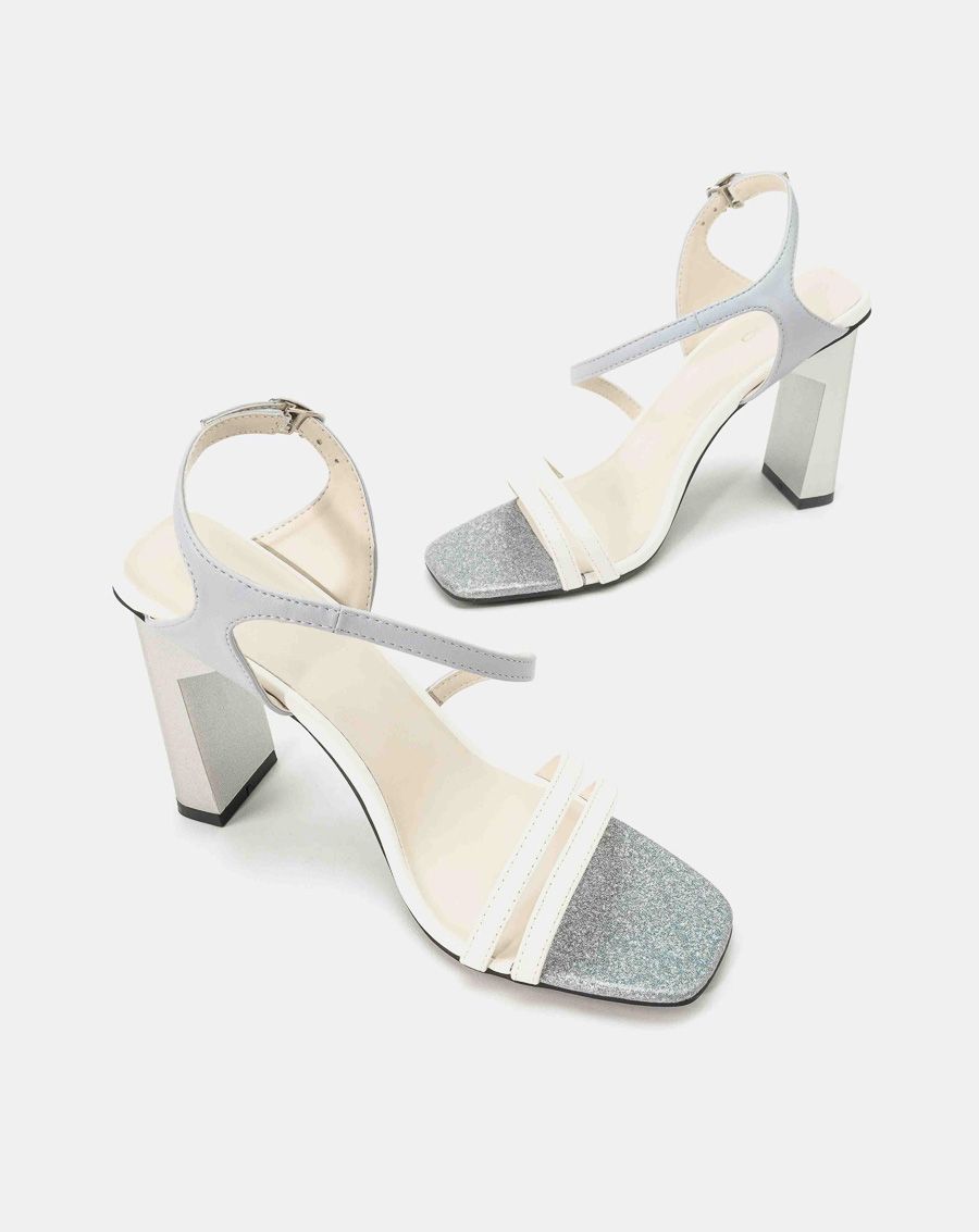 Giày sandal gót trụ phối trung tì kim tuyến