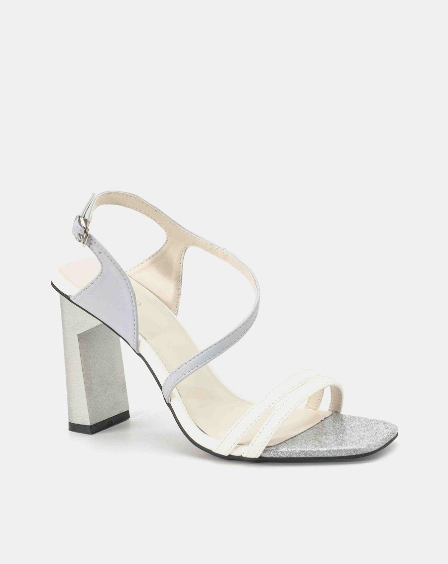 Giày sandal gót trụ phối trung tì kim tuyến