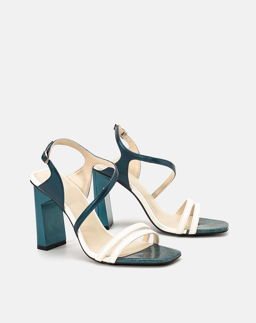 Giày sandal gót trụ phối trung tì kim tuyến