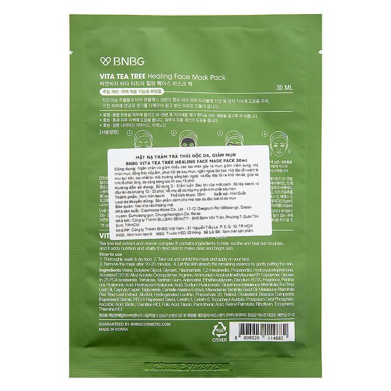 Mặt Nạ Miếng Thải Độc Da, Giảm Mụn Chiết Xuất Tràm Trà BNBG Vita Tea Tree Healing Face Mask Pack 30ml