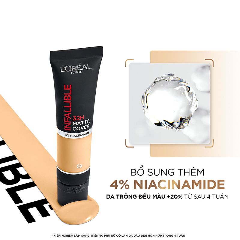 Kem Nền Che Phủ Cao, Kiềm Dầu, Lâu Trôi Với 4% Niacinamide L'Oreal Infallible 32H Matte Cover Foundation SPF25 PA+++ 30ml