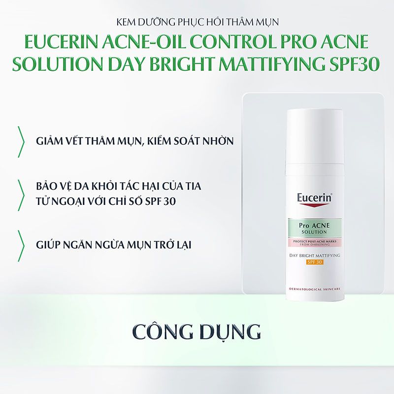 Kem Dưỡng Ban Ngày Cải Thiện Thâm Mụn, Kiểm Soát Dầu Eucerin Acne-Oil Control Pro Acne Solution Day Bright Mattifying SPF30 50ml