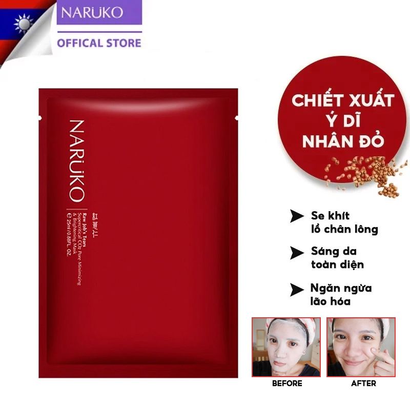 Mặt Nạ Làm Sáng Da, Se Lỗ Chân Lông Chiết Xuất Ý Dĩ Nhân Đỏ Naruko RJT Pore Minimizing & Brightening Mask 26ml