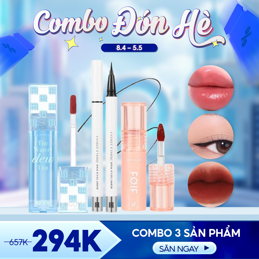 Combo Makeup 2 - 3 Sản Phẩm (Son Tint Bóng Merzy Dew4 WD19 + Kẻ Mắt Merzy FP1 + Son Kem Foif Mini VT3)