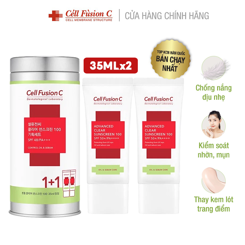 [Hộp 2 Tuýp 35ml] Kem Chống Nắng Giảm Mụn, Kiềm Dầu, Loại Bỏ Tế Bào Chết Cell Fusion C Clear Sunscreen 100 SPF48/PA+++