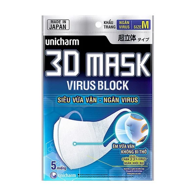 [Gói 5 cái] Khẩu Trang Chống Khói Bụi Và Virus Unicharm 3D Mask Virus Block