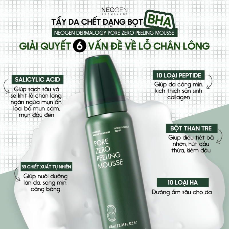 Tẩy Da Chết Dạng Bọt Mịn BHA, Làm Sạch Da Chết Neogen Pore Zero Peeling Mousse 100ml