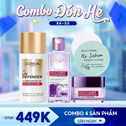 Combo Chống Nắng - 4 Sản Phẩm (Kem Chống Nắng L'oreal 50ml + Tẩy Trang L'oreal 95ml + Phấn Phủ Silkygirl 5g + Kem Dưỡng Mini L'oreal 15ml)