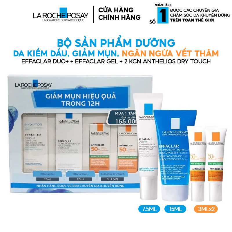 [4 Items] Bộ Dưỡng Da Kiềm Dầu, Giảm Mụn, Ngăn Ngừa Vết Thâm La Roche-Posay Effaclar Duo+ 7.5ml + Effaclar Gel 15ml + 2 KCN Anthelios Dry touch 3ml