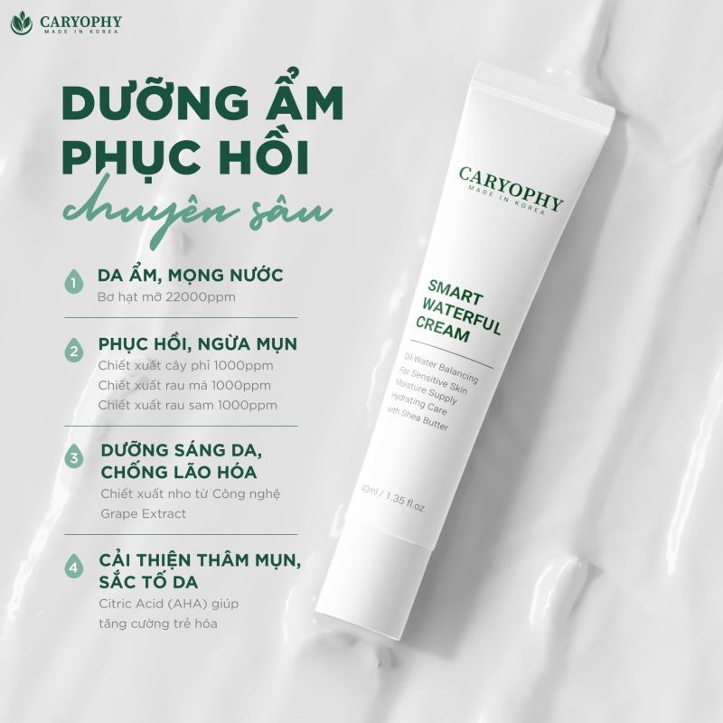 Kem Dưỡng Ẩm, Cấp nước Và Hỗ Trợ Phục Hồi Cho Da Mụn Caryophy Smart Waterful Cream 40ml