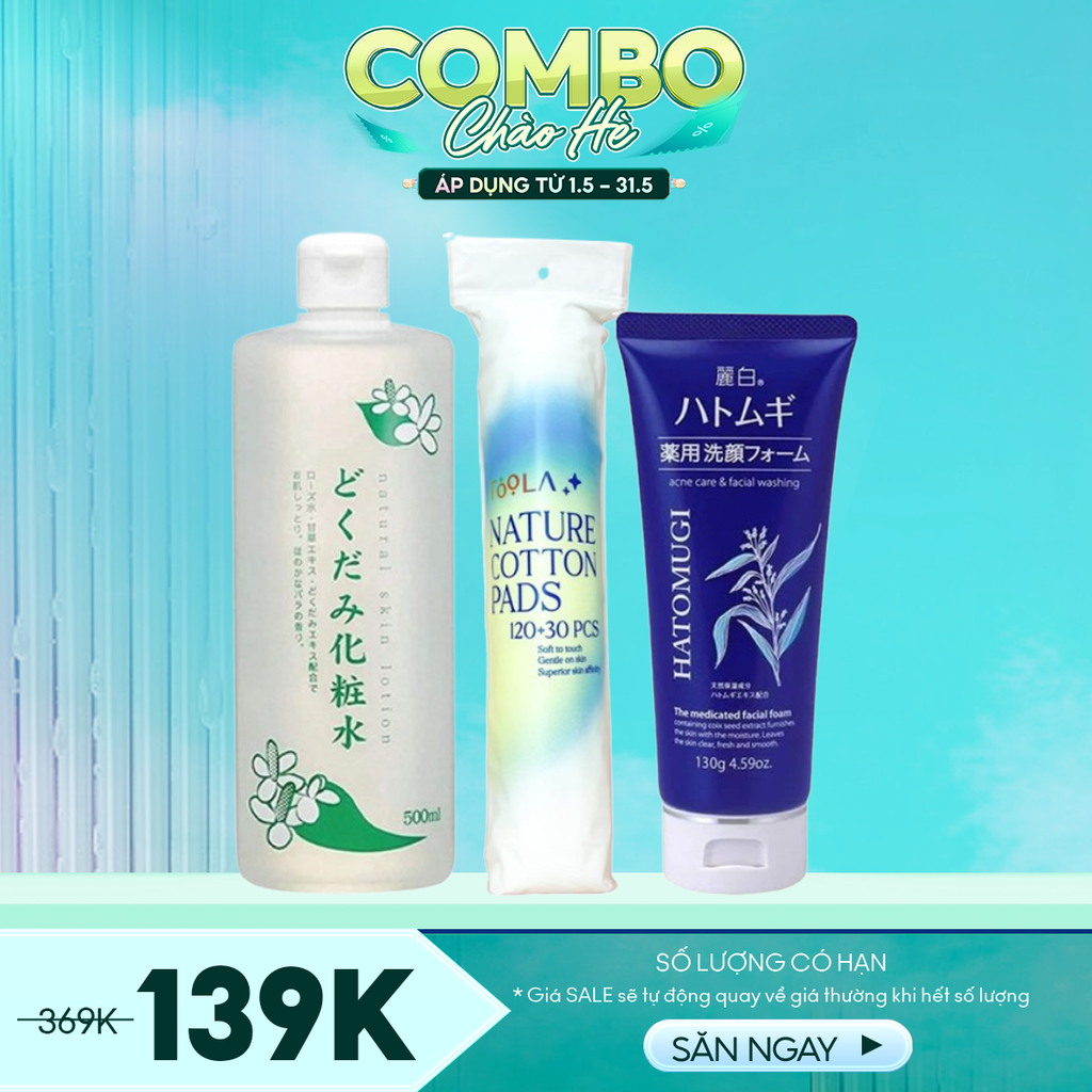 Combo Làm Sạch - 3 Sản Phẩm (Nước Hoa Hồng Chinoshio 500ml + Bông Tẩy Trang TOOLA 150 Miếng + Sữa Rửa Mặt Hatomugi 130g)