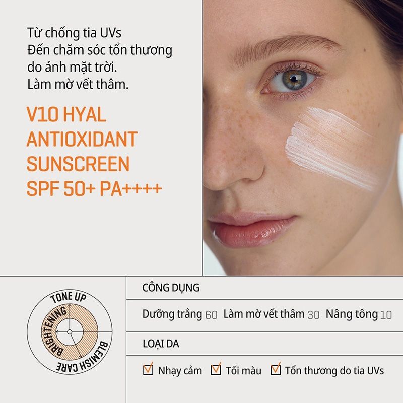 Kem Chống Nắng Nâng Tông, Hỗ Trợ Dưỡng Trắng Da Some By Mi V10 Hyal Antioxidant Suncreen SPF50+ PA++++ 40g