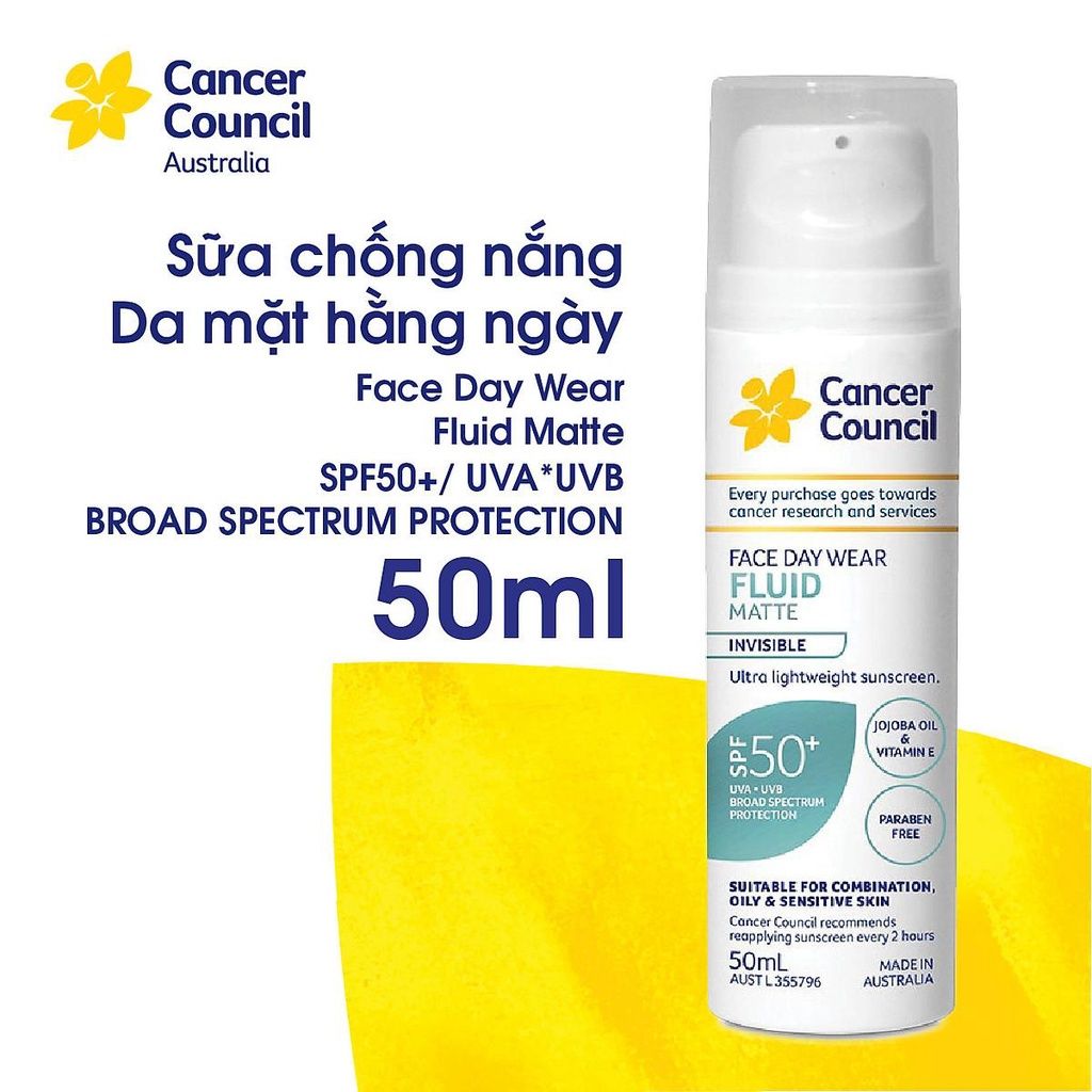 Kem Chống Nắng Lành Tính, Dành Cho Da Nhạy Cảm & Treatment Cancer Council Face Day Wear Fluid Matte SPF50+ 50ml