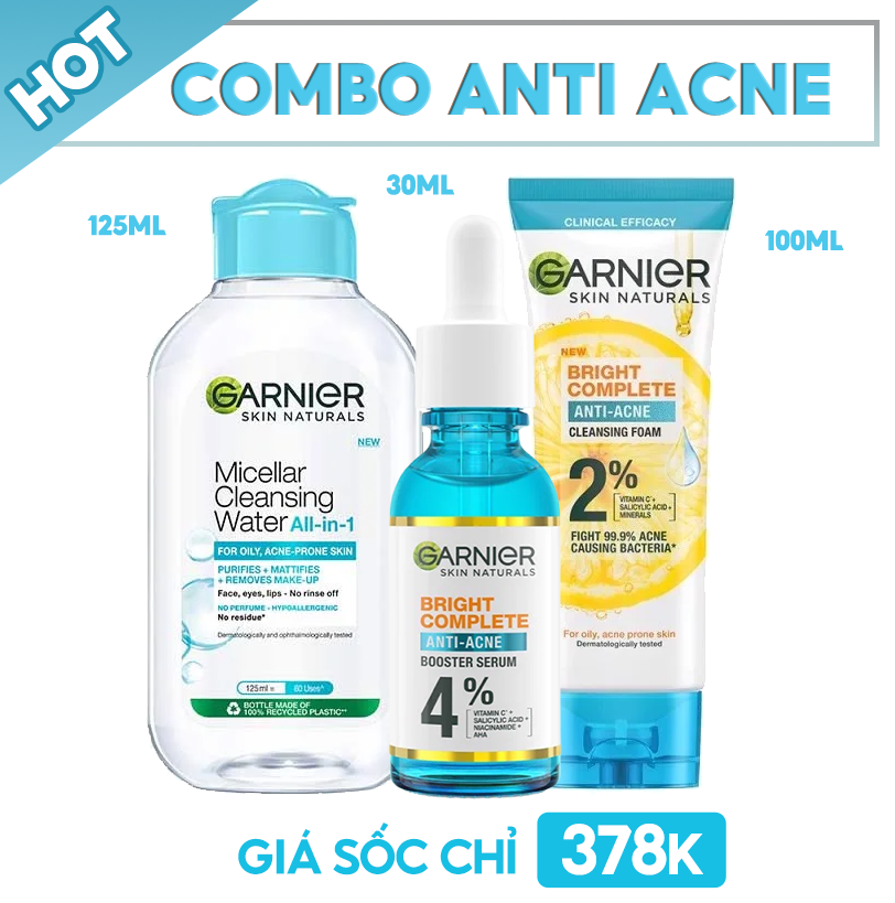 Combo Garnier: Anti Acne - 3 Sản Phẩm (Tinh Chất 30ml + Sữa Rửa Mặt 100ml + Nước Tẩy Trang 125ml)