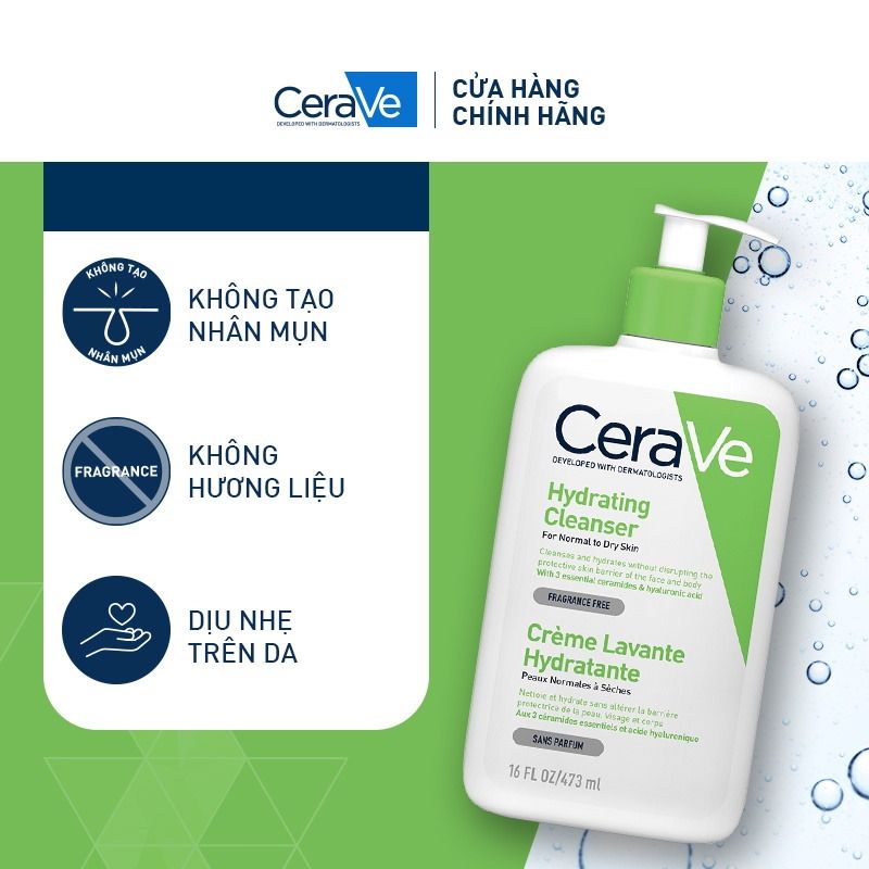 Sữa Rửa Mặt Dưỡng Ẩm, Làm Sạch Sâu Dành Cho Da Thường & Da Khô Cerave Developed With Dermatologists Hydrating Cleanser