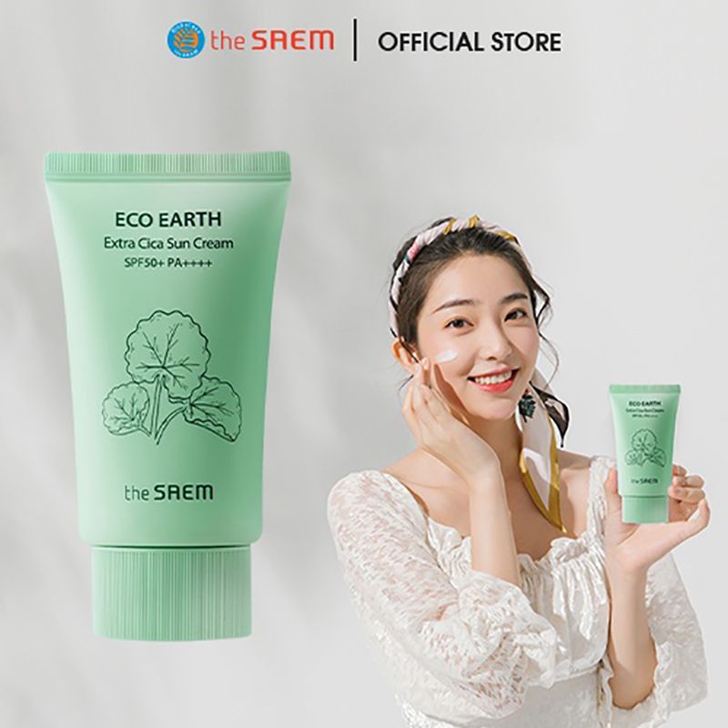 Kem Chống Nắng Nâng Tông, Cân Bằng Ẩm, Chiết Xuất Rau Má The Saem Eco Earth Extra Cica Sun Cream SPF50+/PA++++ 50g