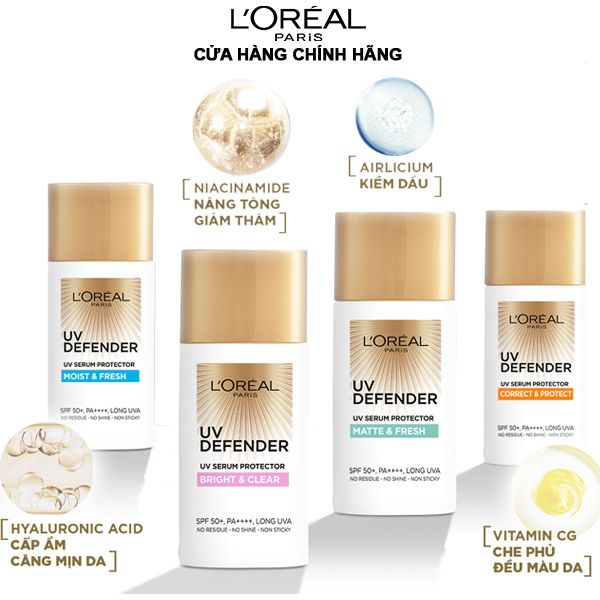 Kem Chống Nắng Mịn Nhẹ, Bảo Vệ Da, Ngăn Ngừa Lão Hóa L'Oreal UV Defender Serum Protector SPF 50+/PA++++