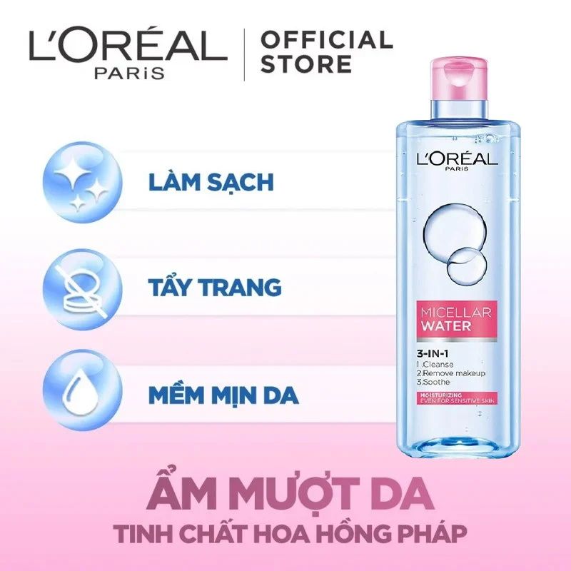 Nước Tẩy Trang Làm Sạch Tươi Mát, Dưỡng Ẩm Cho Da L'Oreal 3-in-1 Micellar Water