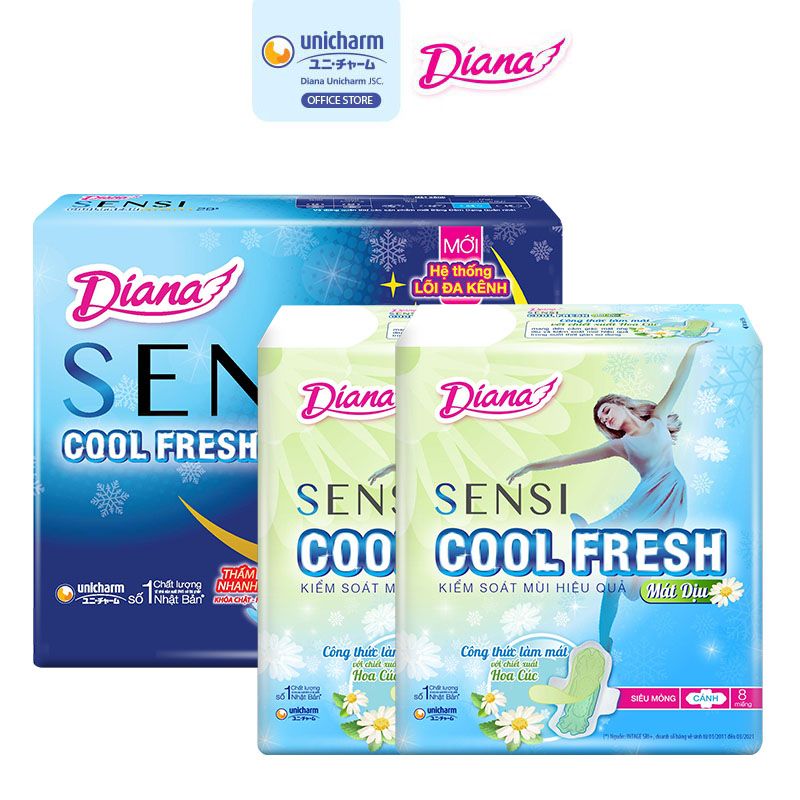 [3 Items] Set Băng Vệ Sinh Diana Sensi Cool Fresh Cánh Mát Dịu (2 Gói x 8 Miếng) & Cool Fresh Ban Đêm 29cm (2 Miếng)(Che tên sản phẩm khi giao hàng)