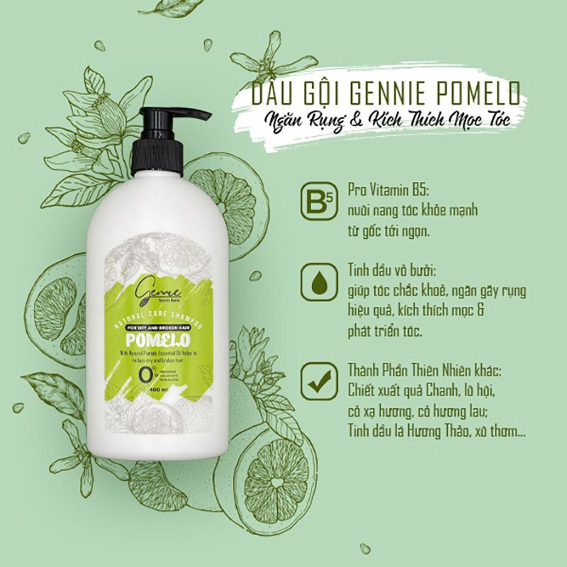 Dầu Gội Tinh Dầu Bưởi Ngăn Ngừa Gãy Rụng, Kích Thích Mọc Tóc Gennie Natural Care Shampoo Pomelo For Dry And Broken Hair 400ml