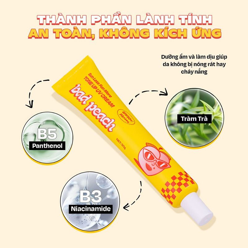 Kem Chống Nắng Nâng Tông Bad Peach Sun Less Fun More Tone Up Cream SPF50+/PA++++ 50g