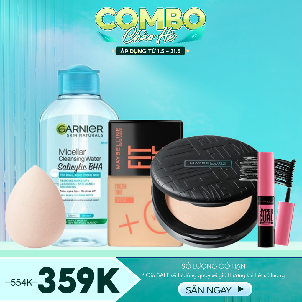 Combo Makeup Hè - 5 Sản Phẩm (Kem Nền Maybelline 02 + Phấn Phủ Maybelline 112 +  Tẩy Trang Mini Garnier 125ml + Bông Mút Maybelline + Mascara Mini Maybelline 4.5ml)