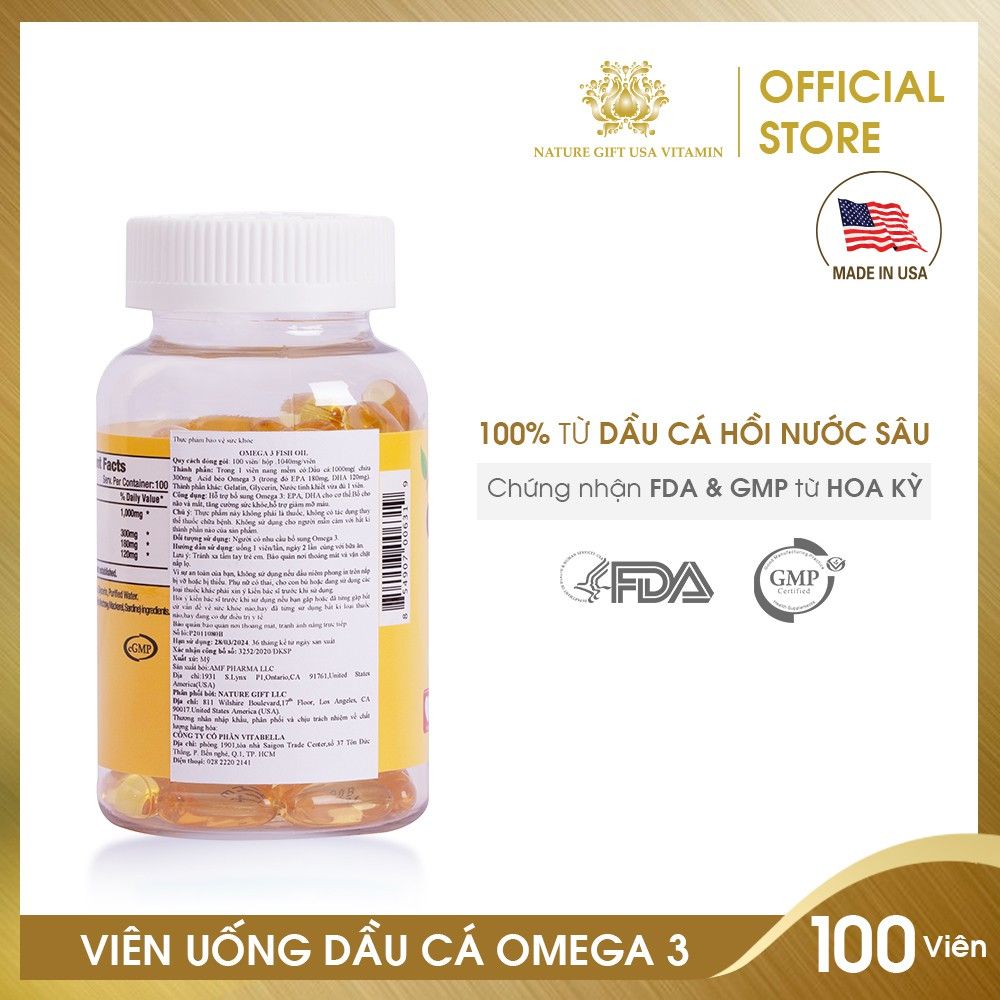 [100 Viên/Lọ] Viên Uống Dầu Cá Omega 3 Tốt Cho Tim Mạch, Bổ Mắt & Bổ Não, Làm Đẹp Da Nature Gift Omega 3 Fish Oil