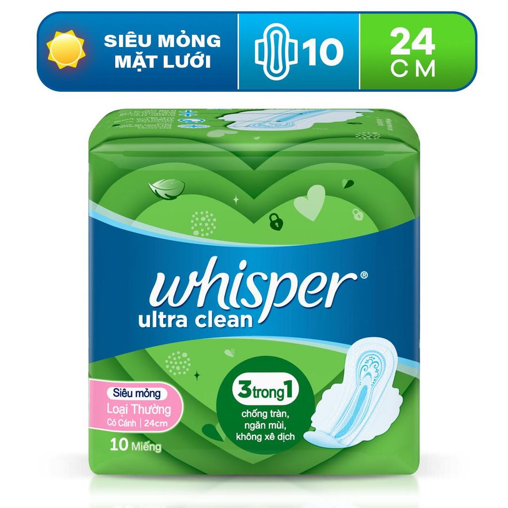 [10 Miếng] Băng Vệ Sinh Whisper Ultra Clean Siêu Mỏng Có Cánh Ngày Thường (Che tên sản phẩm khi giao hàng)