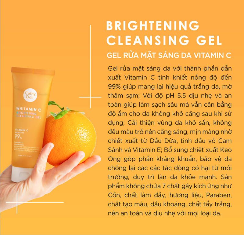 Gel Rửa Mặt Vitamin C Dưỡng Sáng Da, Mờ Thâm Cathy Doll Whitamin C Brightening Cleansing Gel 120ml