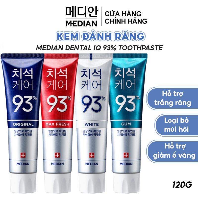 [4 MÀU] Kem Đánh Răng Giúp Trắng Răng, Giảm Ố, Loại Bỏ Mùi Hôi Median Dental IQ 93% Toothpaste 120g