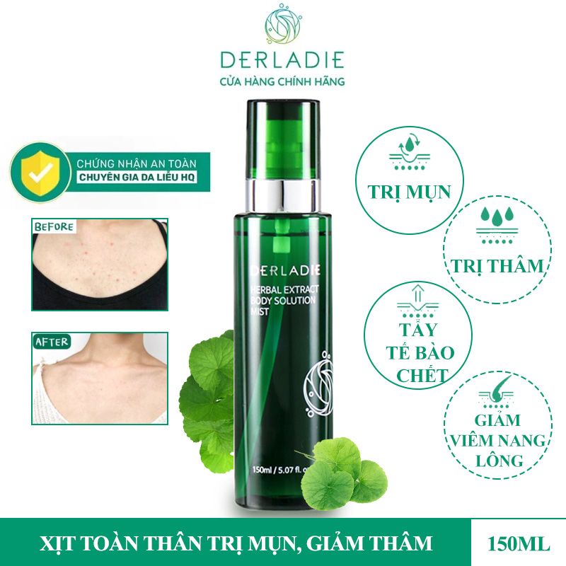 Xịt Mụn Lưng, Toàn Thân, Mờ Thâm, Giảm Viêm Nang Lông Derladie Herbal Extract Body Solution Mist 150ml