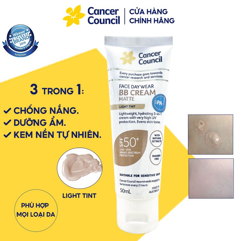 Kem Chống Nắng Dưỡng Ẩm, Kem Nền Nâng Tông Da Tự Nhiên Cancer Council Face Day Wear BB Cream Matte SPF50+ 50ml