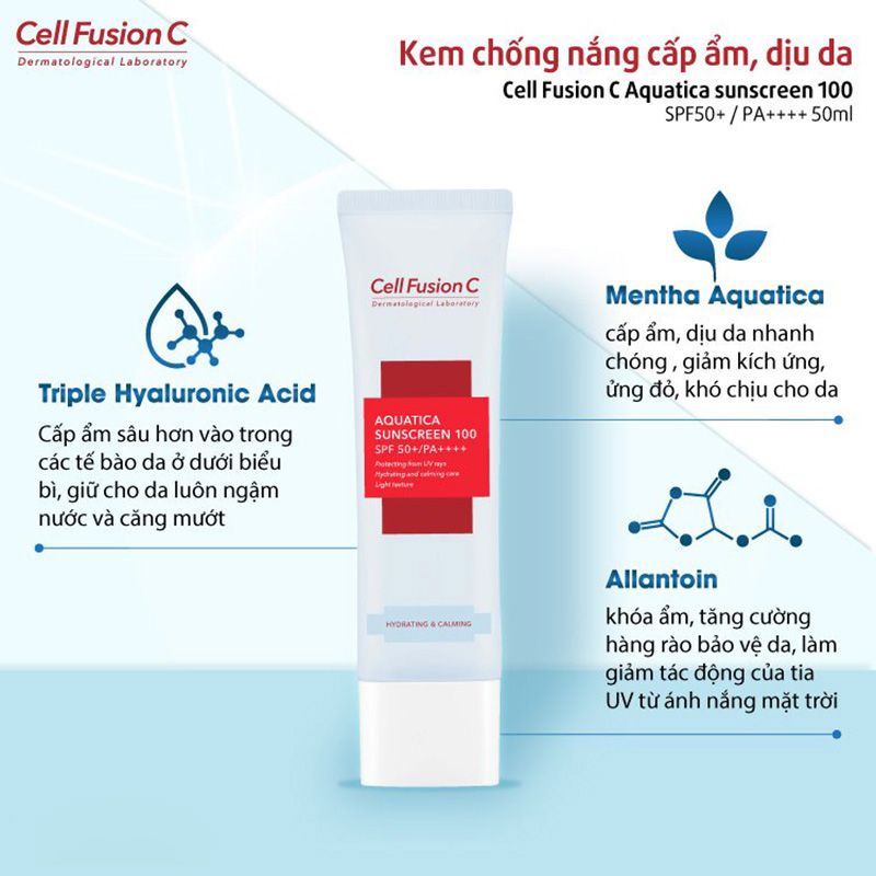 Kem Chống Nắng Cấp Ẩm, Làm Dịu Da, Cho Da Khô & Hỗn Hợp Thiên Khô Cell Fusion C Aquatica Sunscreen 100 SPF 50+/PA++++ 50ml