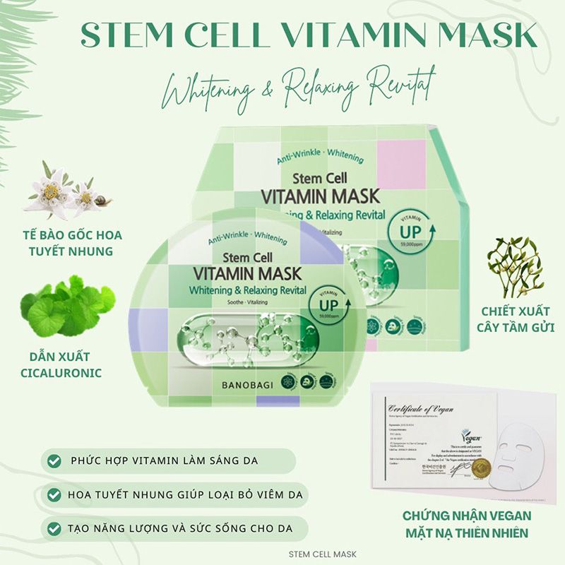 Mặt Nạ Miếng Dưỡng Trắng Cấp Ẩm & Bổ Sung Collagen Ngăn Ngừa Lão Hóa Banobagi Stem Cell Vitamin, Super Collagen Mask 30ml