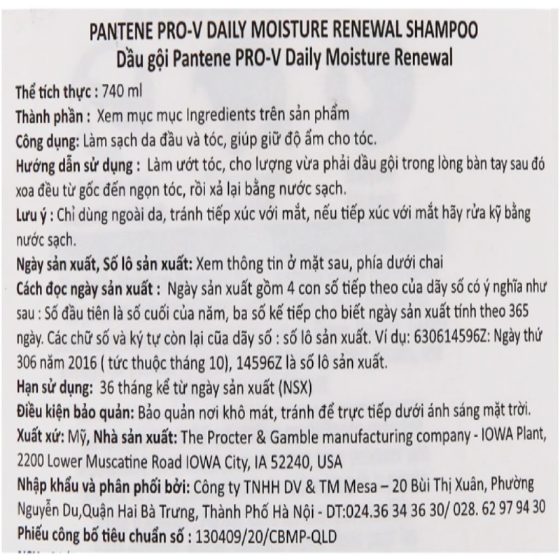 Dầu Gội Dưỡng Ẩm Tóc Mềm Mượt Pantene Pro-V Daily Moisture Renewal Shampoo Shampooing 700ml