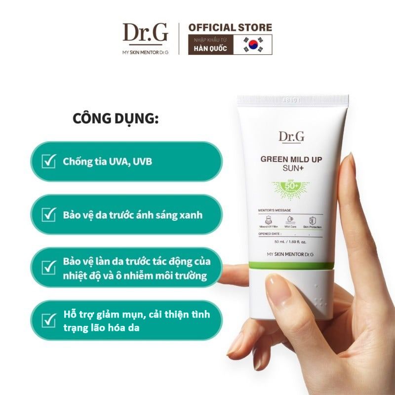 Kem Chống Nắng Vật Lý, Chống Ánh Sáng Xanh, Giảm Mụn Dành Cho Da Nhạy Cảm Dr.G Green Mild Up Sun+ SPF50+/ PA++++ 50ml