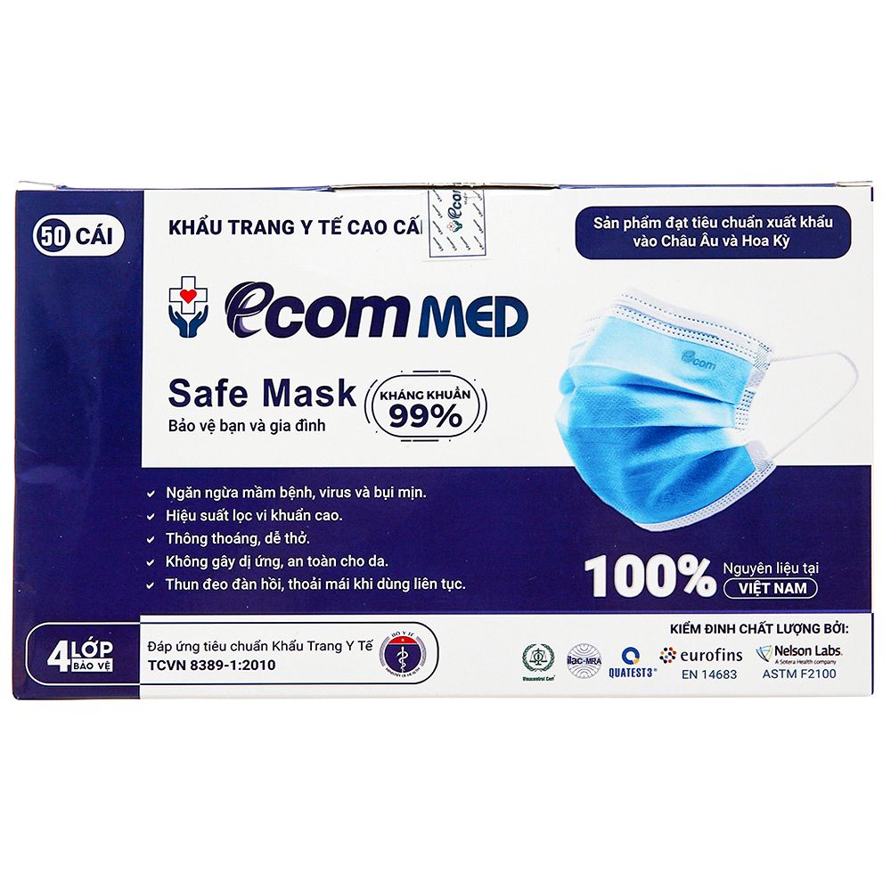 [Tiêu Chuẩn Xuất Khẩu Hoa Kỳ] [Hộp 50 cái] Khẩu Trang Y Tế Kháng Khuẩn 4 Lớp Ecom Med Medical Face Mask