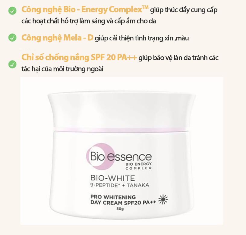 Kem Dưỡng Cấp Ẩm, Hỗ Trợ Dưỡng Sáng Da Ban Ngày Bio-essence Bio White Pro Whitening Day Cream 50g