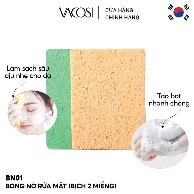 Bông Mút Nở Rửa Mặt Vacosi Cleansing Sponge Làm Sạch Da Hiệu Quả - BN01 (Bịch 2 Miếng)