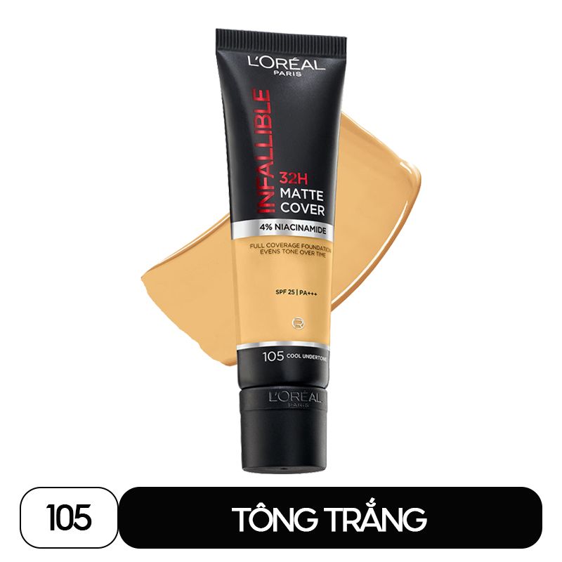 Kem Nền Che Phủ Cao, Kiềm Dầu, Lâu Trôi Với 4% Niacinamide L'Oreal Infallible 32H Matte Cover Foundation SPF25 PA+++ 30ml