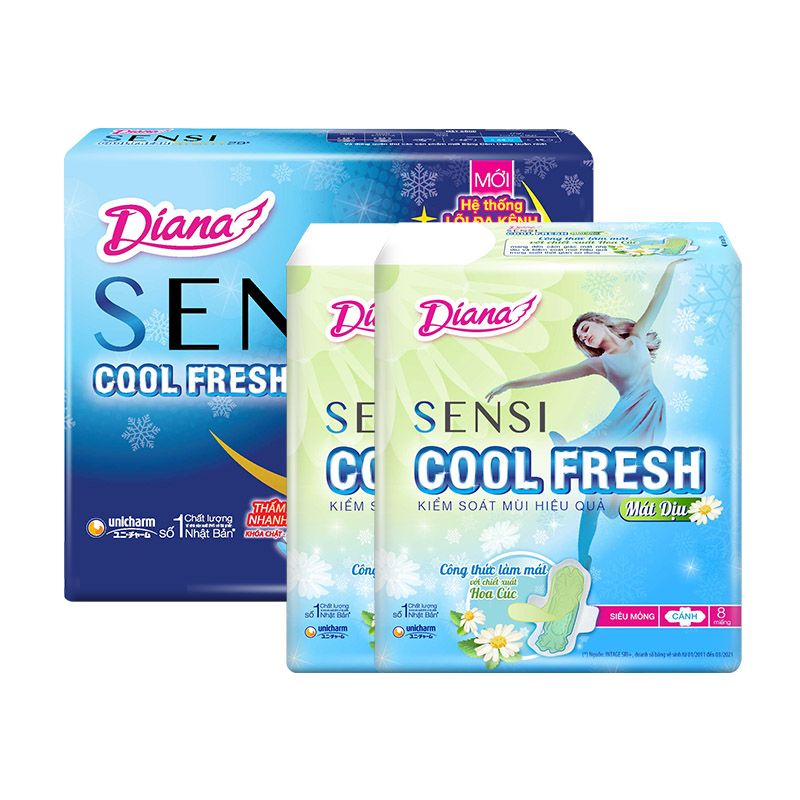 [3 Items] Set Băng Vệ Sinh Diana Sensi Cool Fresh Cánh Mát Dịu (2 Gói x 8 Miếng) & Cool Fresh Ban Đêm 29cm (2 Miếng)(Che tên sản phẩm khi giao hàng)