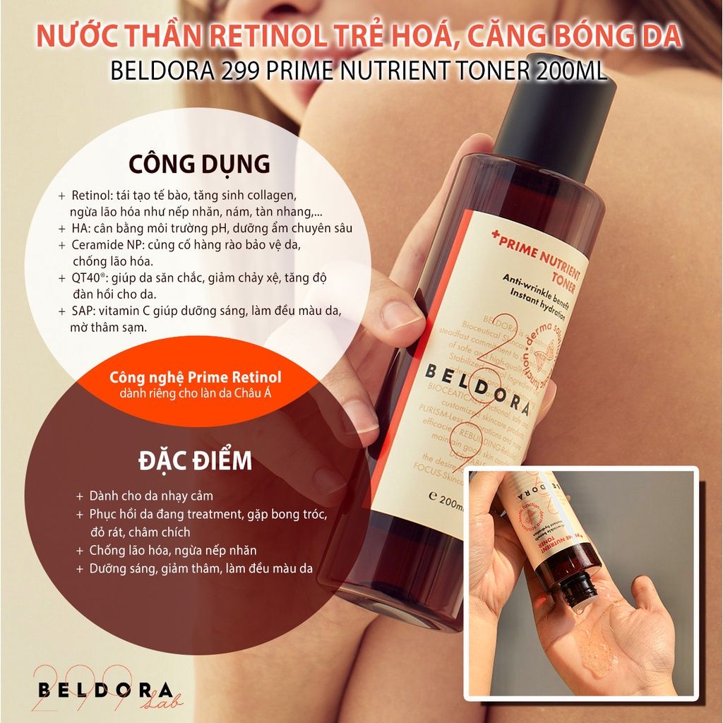 Nước Hoa Hồng Retinol Giúp Đàn Hồi, Căng Mịn Da Beldora 299 Prime Nutrient Toner 200ml