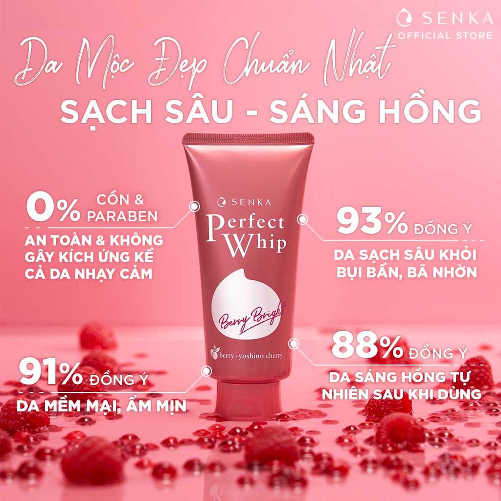 Sữa Rửa Mặt Làm Sạch Sâu, Sáng Hồng Senka Perfect Whip Berry Bright 100g