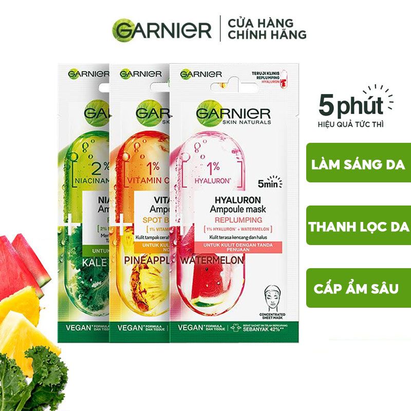 Mặt Nạ Tinh Chất Dưỡng Ẩm, Làm Sáng Da, Ngăn Ngừa Thâm Nám Garnier Skin Naturals Ampoule Mask - WATERMELON 15g