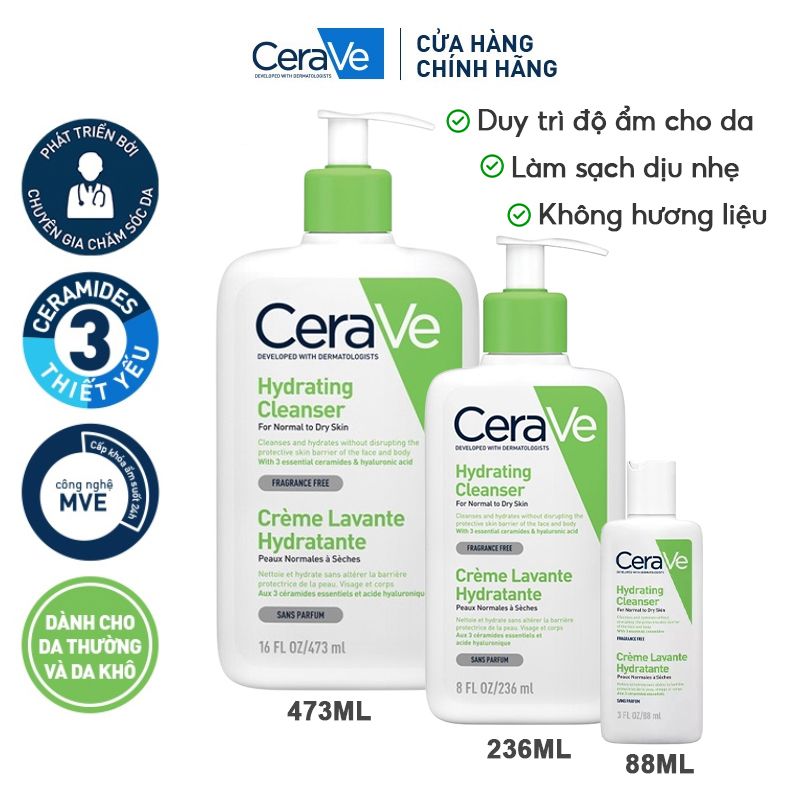 Sữa Rửa Mặt Dưỡng Ẩm, Làm Sạch Sâu Dành Cho Da Thường & Da Khô Cerave Developed With Dermatologists Hydrating Cleanser