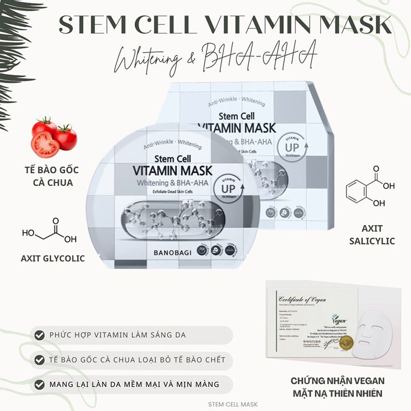 Mặt Nạ Miếng Dưỡng Trắng Cấp Ẩm & Bổ Sung Collagen Ngăn Ngừa Lão Hóa Banobagi Stem Cell Vitamin, Super Collagen Mask 30ml