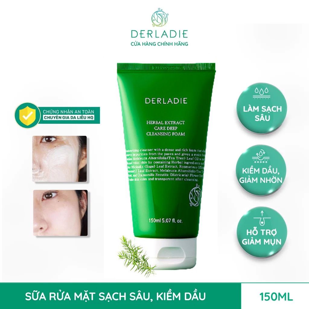 Sữa Rửa Mặt Tràm Trà Sạch Sâu, Kiềm Dầu Derladie Herbal Extract Care Deep Cleansing Foam 150ml